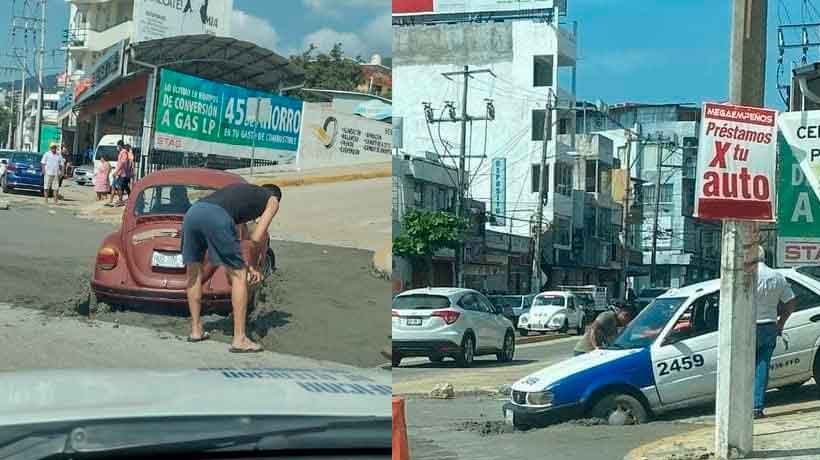 Súper F: circulaban por calle de Acapulco y se atoran en pavimento fresco