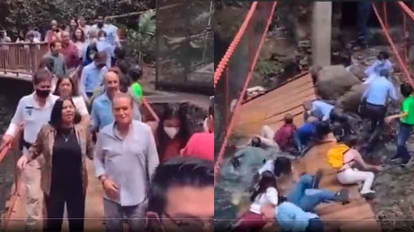 Video: Cae puente colgante en Cuernavaca mientras alcalde lo reinauguraba