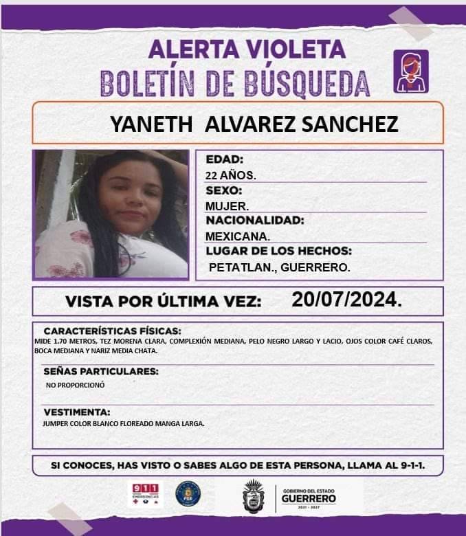 Activan Alerta Violeta por desaparición de mujer en Petatlán